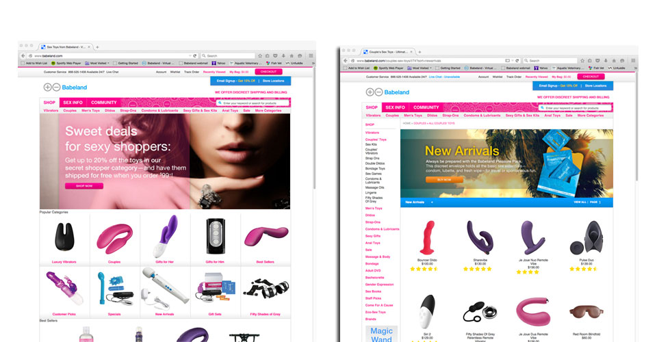 Babeland.com with hero slideshow graphics.